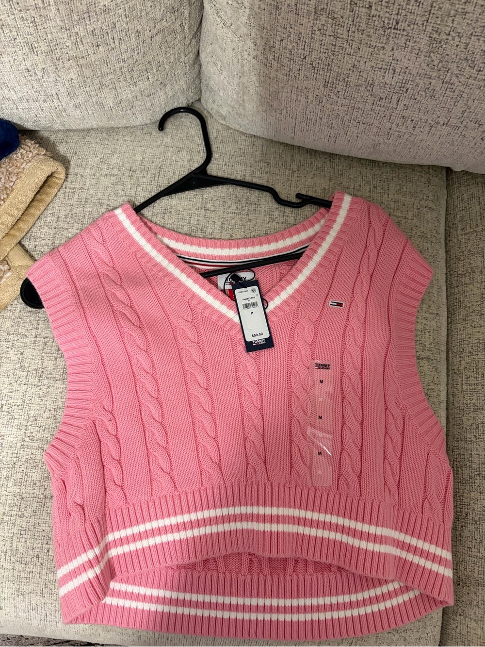 Tommy Hilfiger Pink Cable-Knit V-Neck Sweater Vest with White Stripe